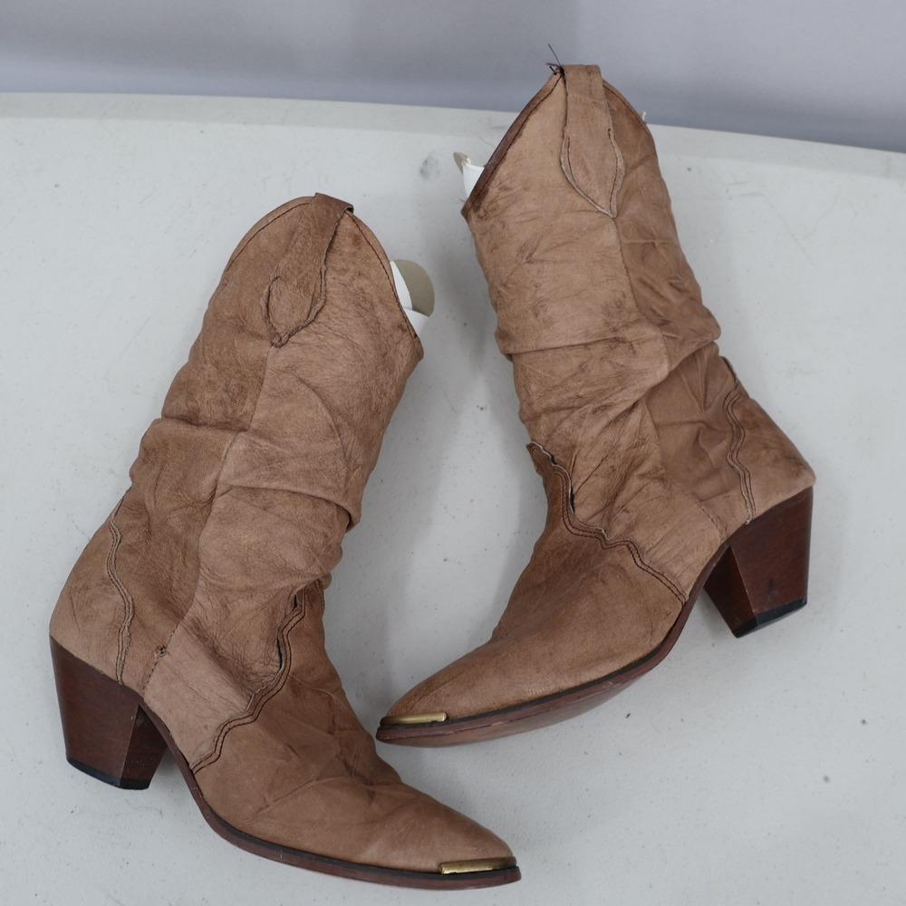 Vintage Slouchy Western Boots Women 6.5 Brown Leather Pointed Toe Cowgirl Boho